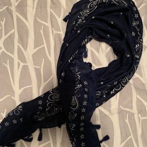 Navy and white scarf with fringe